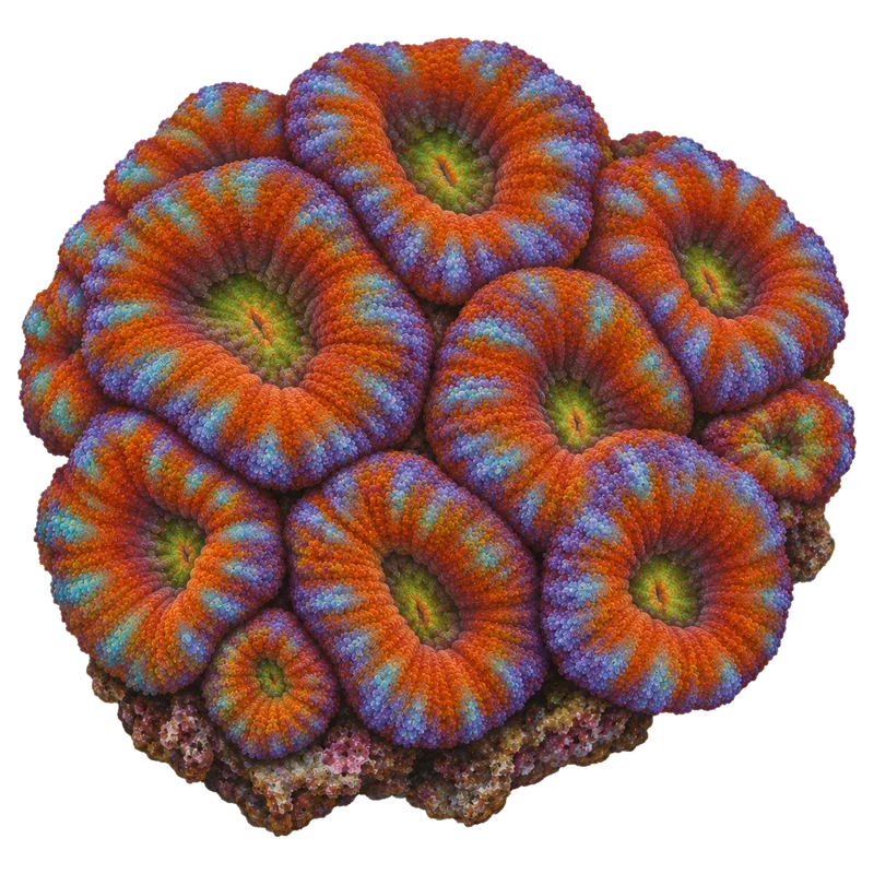 Rainbow Acan, a reference illustration of the classic phenotype rather than a photograph of one coral