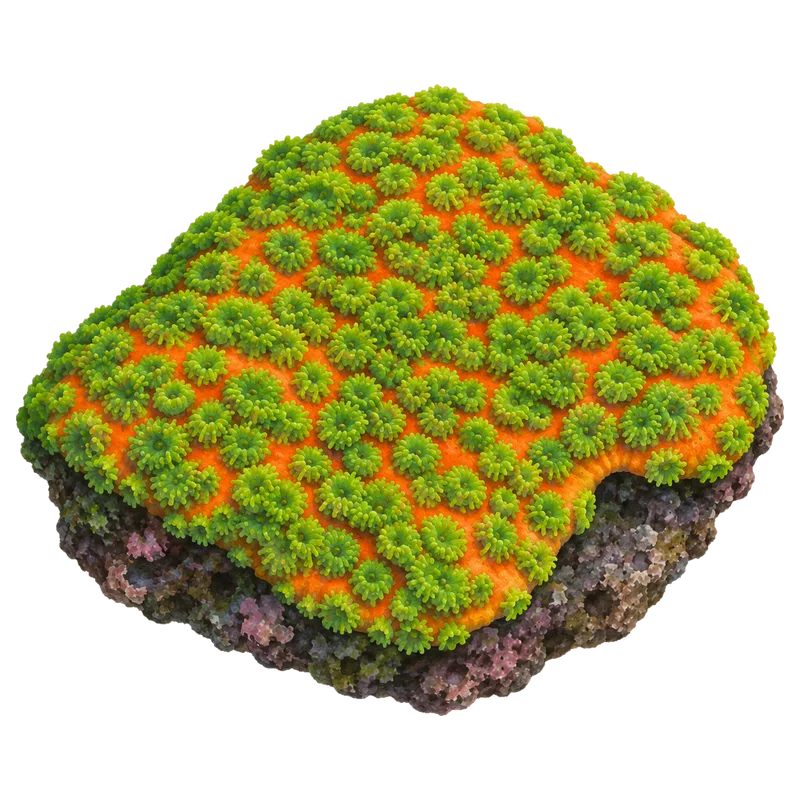 Sunset Montipora, a reference illustration of the classic phenotype rather than a photograph of one coral